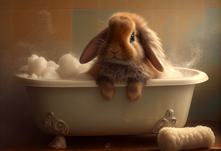 Cute rabbit in bathtub , pets cleaningの素材