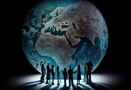 A group of people standing around a large globe with a map of the world on it global illumination a microscopic photo ecological art.の素材