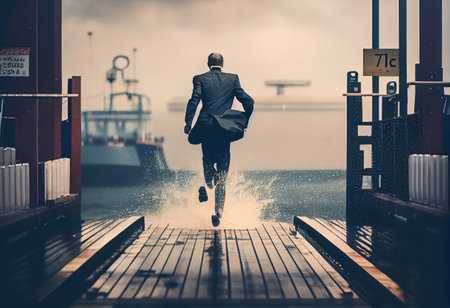 Businessman running on the docks close to the seaの素材