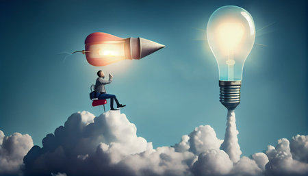 Creative new idea, innovation start up business or inspiration to achieve success goal concept, businessman leader riding flying lightbulb lamp with rocket booster in the cloud skyの素材