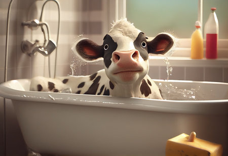 Cute cow in bathtub , pets cleaningの素材