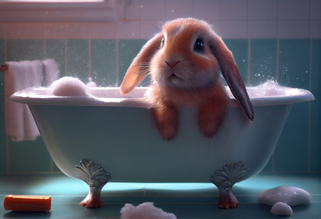Cute rabbit in bathtub , pets cleaningの素材