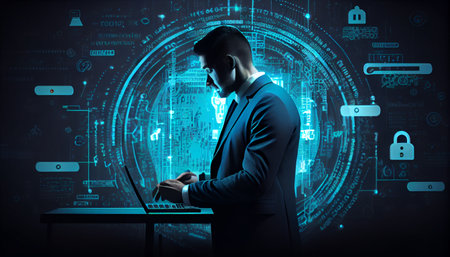 Cyber security system, data protection, digital technology. Businessman working on laptop computer with digital padlock and cyber security network, data encryptionの素材