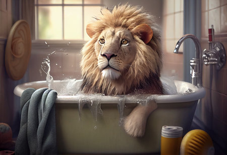 Cute lion in bathtub , pets cleaningの素材