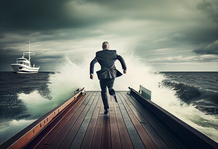Businessman running on the docks close to the seaの素材