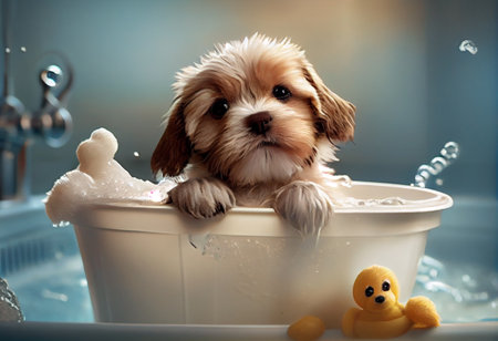 Cute puppy dog in bathtub , pets cleaning, studio shot.の素材