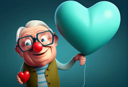 grandparents holding heart balloon with smileの素材
