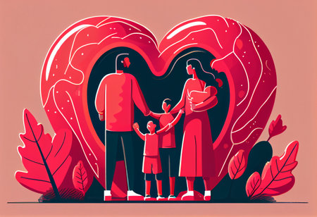 Family hands holding red heart, heart health insurance, charity volunteer donation,の素材
