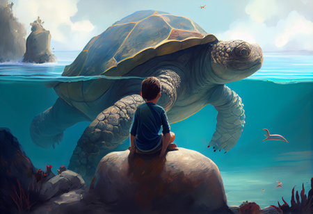 Illustration painting of Boy Sitting on giant tortoise in the ocean, digital painting, ultra realisticの素材
