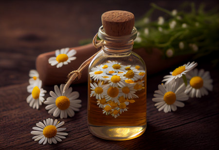 Essential oil in glass bottle with fresh chamomile flowersの素材