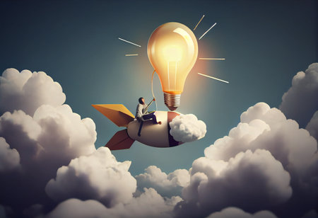 Creative new idea, innovation start up business or inspiration to achieve success goal concept, businessman leader riding flying lightbulb lamp with rocket booster in the cloud skyの素材