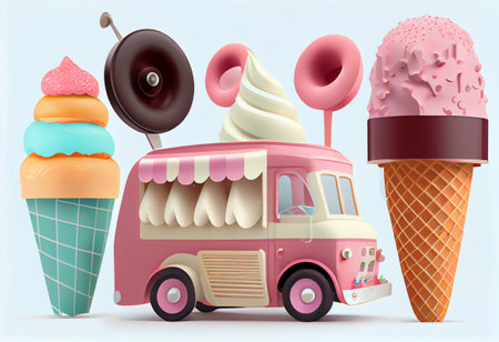 Ice cream food truck, isolated van, cartoon car for street food icecream Automobile cafe on wheels with ice cream assortment, loudspeaker on rood and chalkboard,の素材