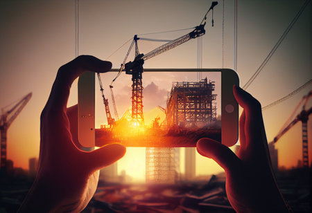 Double exposure of man hand hold and touch screen smart phone, cellphone, construction crane, bulilding and sunlight of sunset as industry, business and high speed of communication conceptの素材