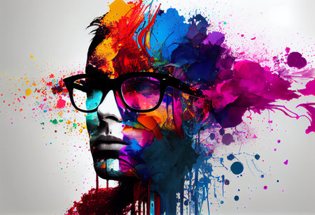 a person with glasses in rainbow color splashの素材