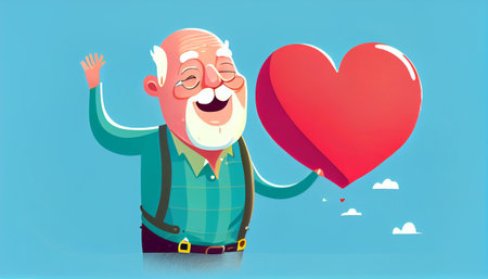 grandparents holding heart balloon with smileの素材