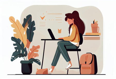 Girl with laptop sitting on the chair. Freelance or study concept.の素材