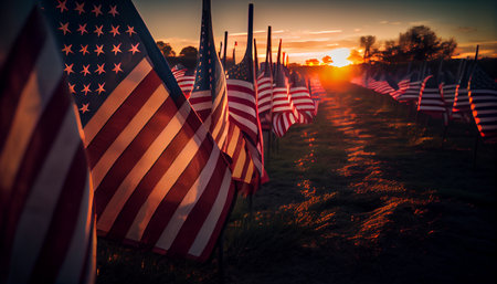 Field of American flags at Sunsetの素材