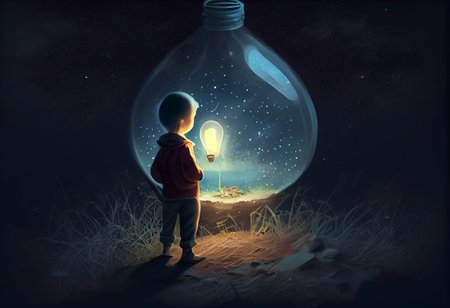boy looking the big bulb half buried in the ground against night sky with stars and space dust, digital art styleの素材