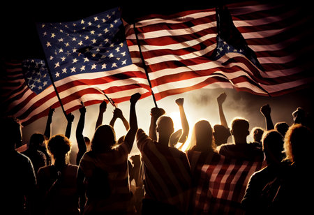 Group of People Waving American Flags in Back Litの素材