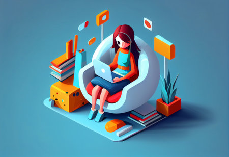 Girl with laptop sitting on the chair. Freelance or study concept.の素材