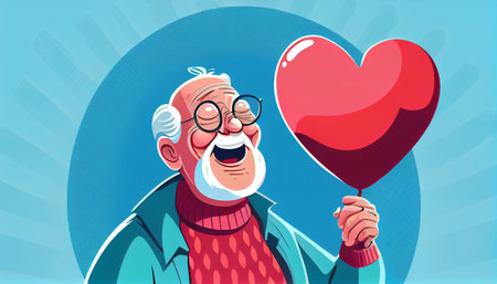 grandparents holding heart balloon with smileの素材