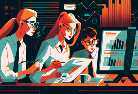 illustration of business professionals. Group of young confident business people analyzing data using computer while spending time in the officeの素材