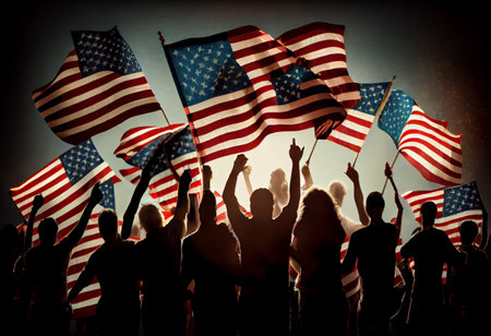 Group of People Waving American Flags in Back Litの素材
