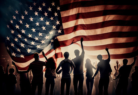 Group of People Waving American Flags in Back Litの素材