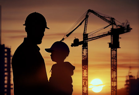 Boy and father against the background of construction cranes on the evening sunset, the concept of father and sonの素材