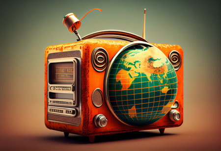 Vintage radio with planet earth. World radio day theme conceptの素材