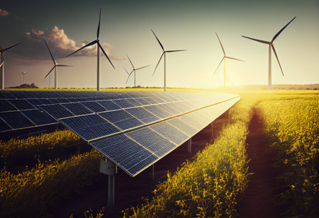 Wind turbines and solar panels farm in a field. Renewable green energy. Sunny landscape, electric energy generator for clean energy producing conceptの素材