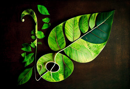 Treble clef music notes made from nature green leaf. Concept of World Music Therapy Dayの素材