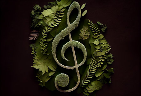 Treble clef music notes made from nature green leaf. Concept of World Music Therapy Dayの素材