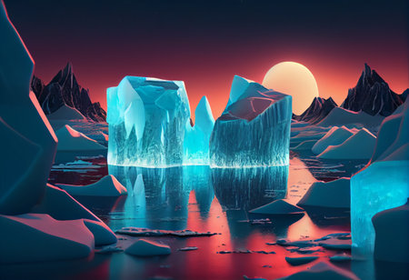 Winter landscape with glaciers. neon light. Blocks of ice on the water in Antarctica. Beautiful winter snow backgroundの素材