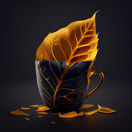Photo a gold coffee cup with a leaf design on itの素材