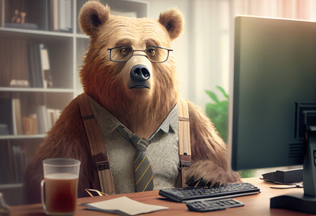 Portrait of an anthropomorphic bear as a developer in the office.の素材