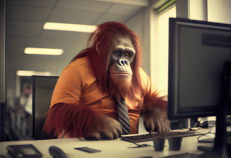 Portrait of an anthropomorphic orangutan as a developer in the office.の素材