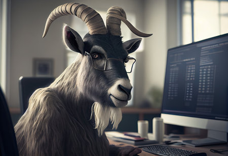 Portrait of an anthropomorphic goat as a developer in the office.の素材