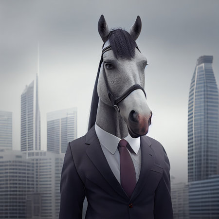 Portrait of an anthropomorphic horse businessman roaming the city streets.の素材