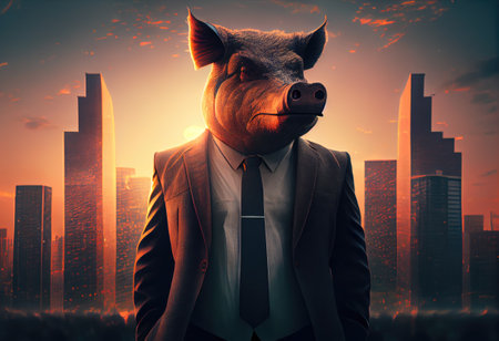 Portrait of an anthropomorphic boar dressed as a businessman against the backdrop of a modern city at sunset.の素材
