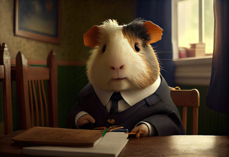 Portrait of an anthropomorphic guinea pig dressed as a schoolboy in a classroom.の素材
