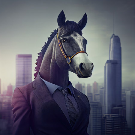 Portrait of an anthropomorphic horse businessman roaming the city streets.の素材