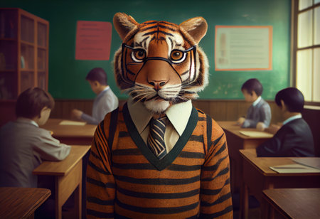 Portrait of an anthropomorphic tiger dressed as a schoolboy in a classroom.の素材