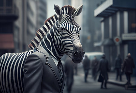 Portrait of an anthropomorphic zebra businessman roaming the city streets.の素材
