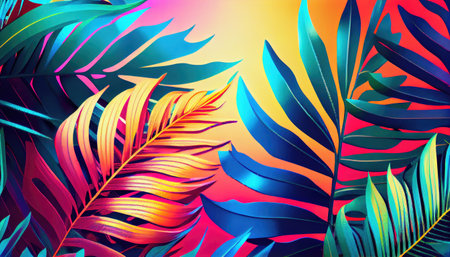 tropical and palm leaves in bright bold holographic colors.の素材