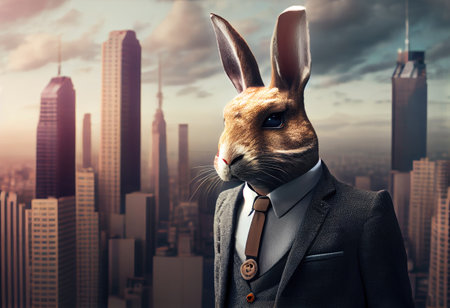 Portrait of an anthropomorphic rabbit businessman roaming the city streets.の素材