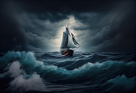 Sailboat against a background of sea and storm.の素材