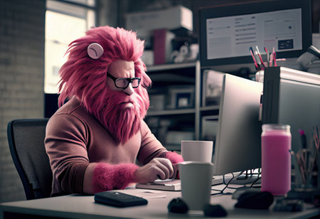 Portrait of an anthropomorphic pink lion as a developer in the office.の素材