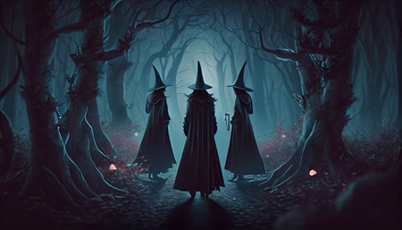 A gloomy dramatic background, witches in black cloaks perform a ritual in a dark gloomy forest.の素材