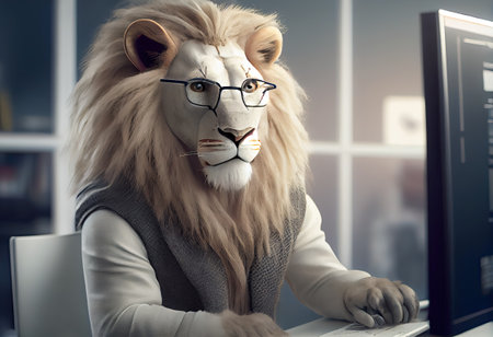 Portrait of an anthropomorphic white lion as a developer in the office.の素材